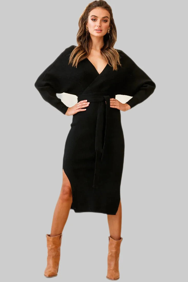 Crossover Ribbed Knitted Midi Dress w/ Belted Waist