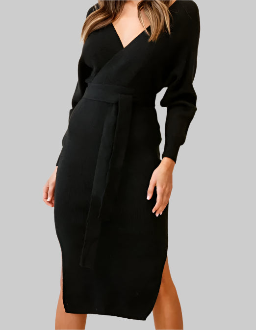 Crossover Ribbed Knitted Midi Dress w/ Belted Waist