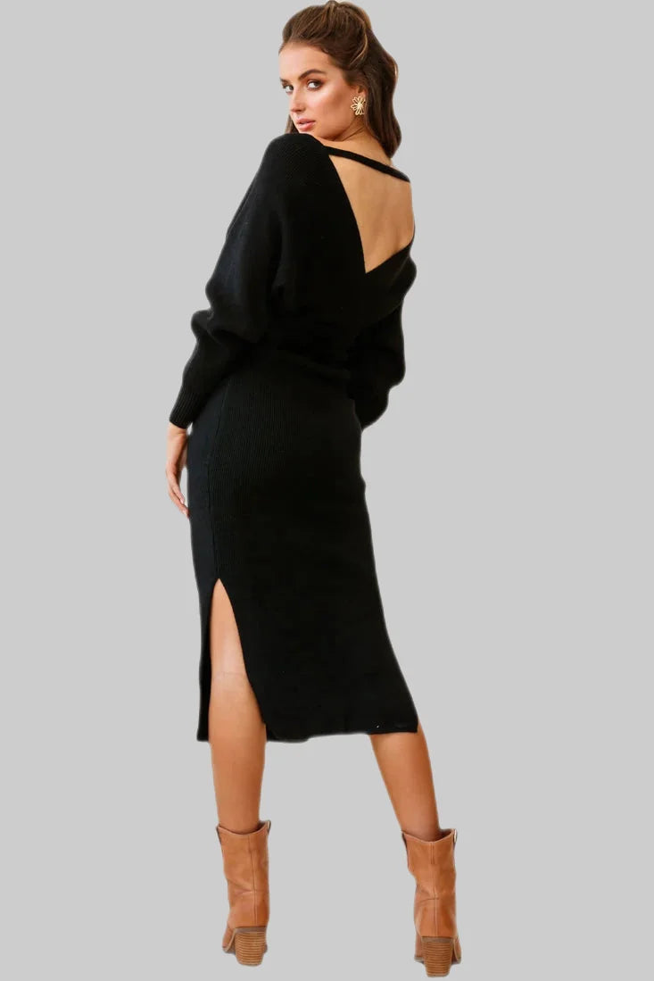 Crossover Ribbed Knitted Midi Dress w/ Belted Waist