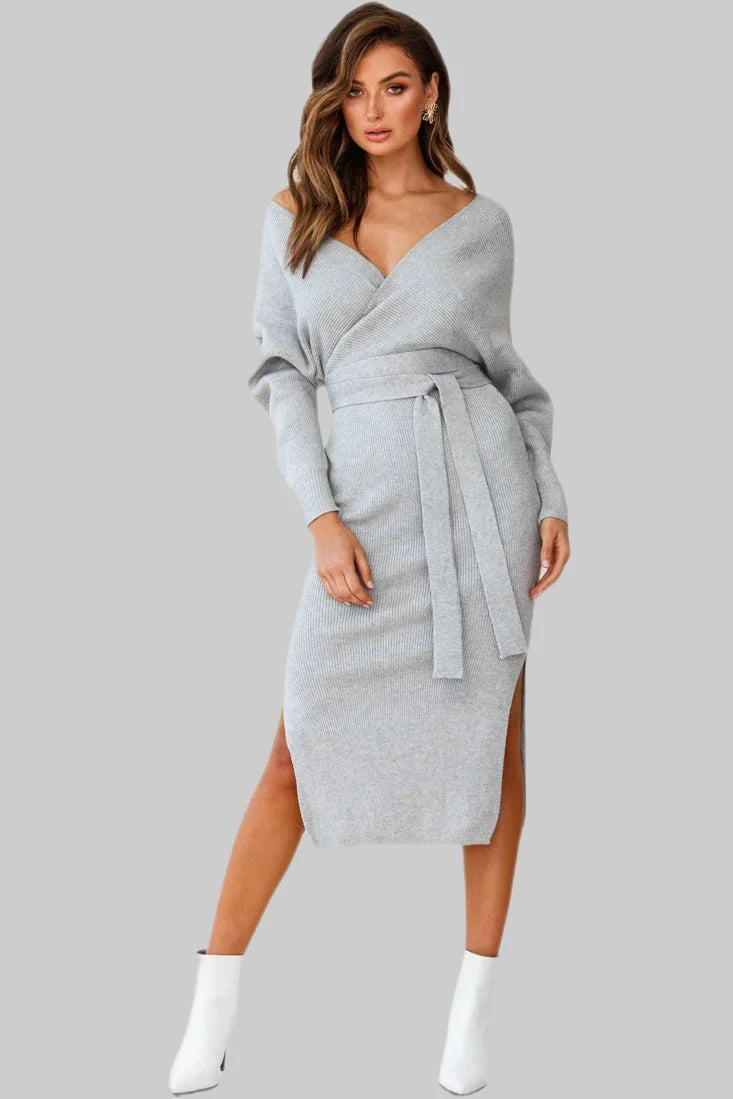 Crossover Ribbed Knitted Midi Dress w/ Belted Waist