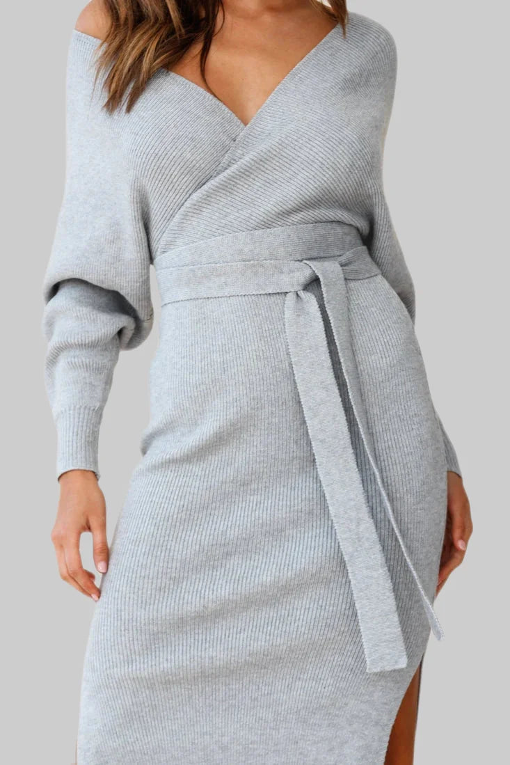 Crossover Ribbed Knitted Midi Dress w/ Belted Waist