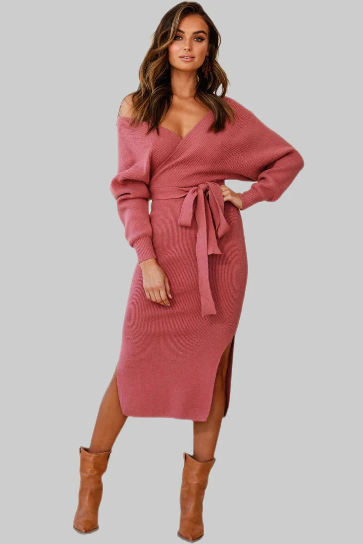 Crossover Ribbed Knitted Midi Dress w/ Belted Waist