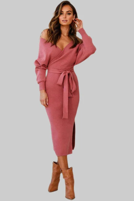 Crossover Ribbed Knitted Midi Dress w/ Belted Waist