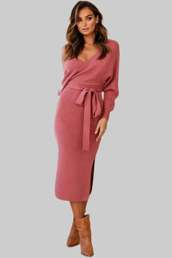 Crossover Ribbed Knitted Midi Dress w/ Belted Waist