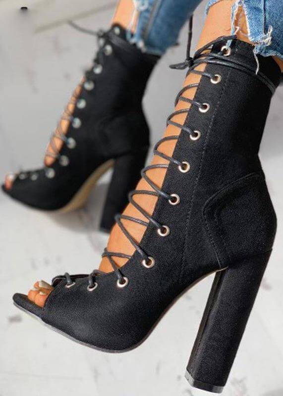 Open Front Lace-Up Chunky Heel Ankle Boots 4.5"