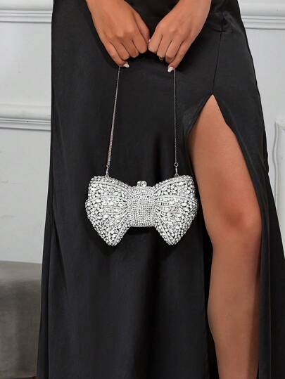  Chain Straps Rhinestone Bowtie Crossbody Clutch Bag