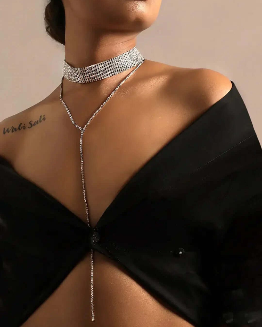 2 Piece Rhinestone Choker Layered Necklace