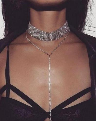 2 Piece Rhinestone Choker Layered Necklace