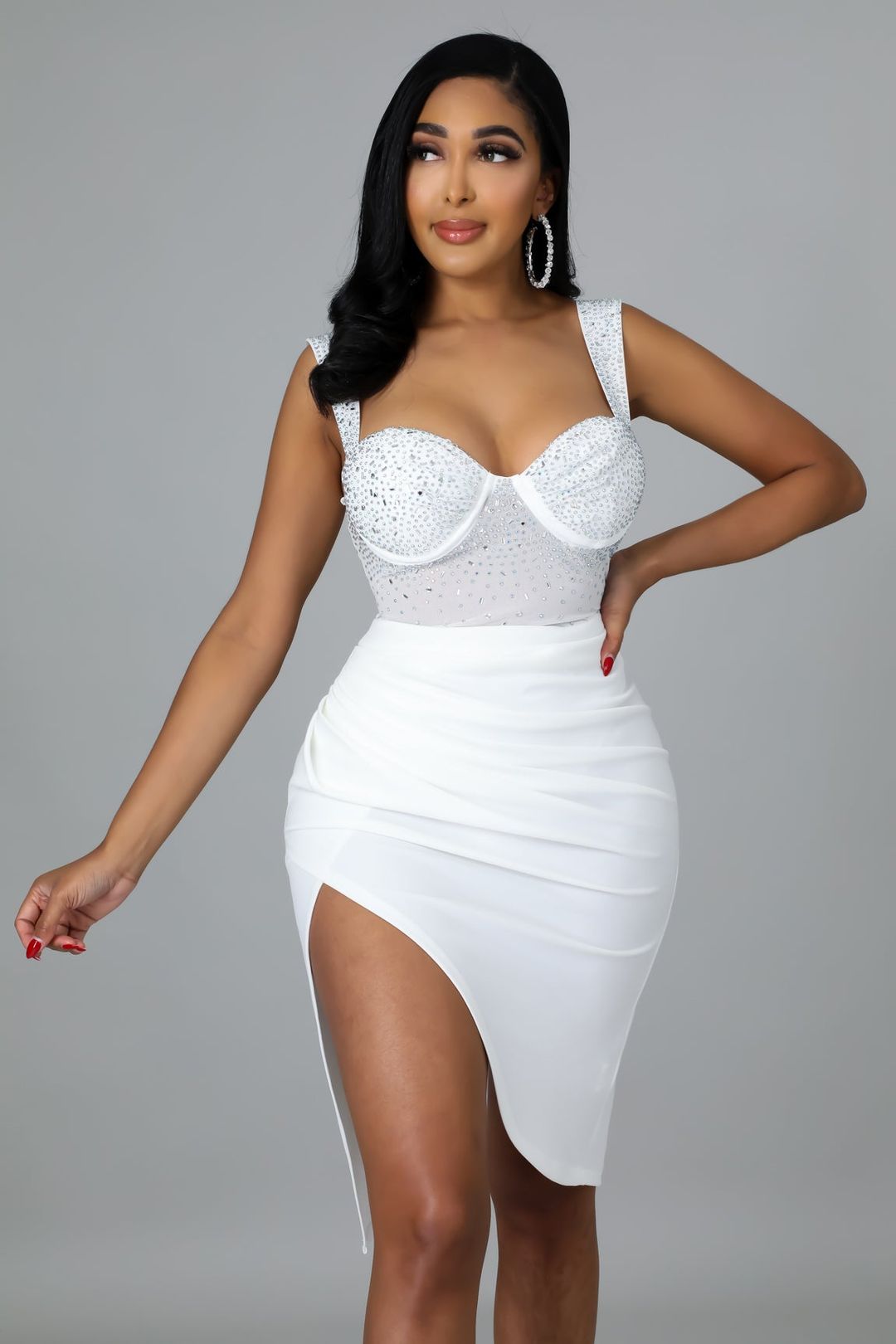 2 Piece Rhinestone Bodysuit Skirt Set, Bodysuit & Pencil Skirt