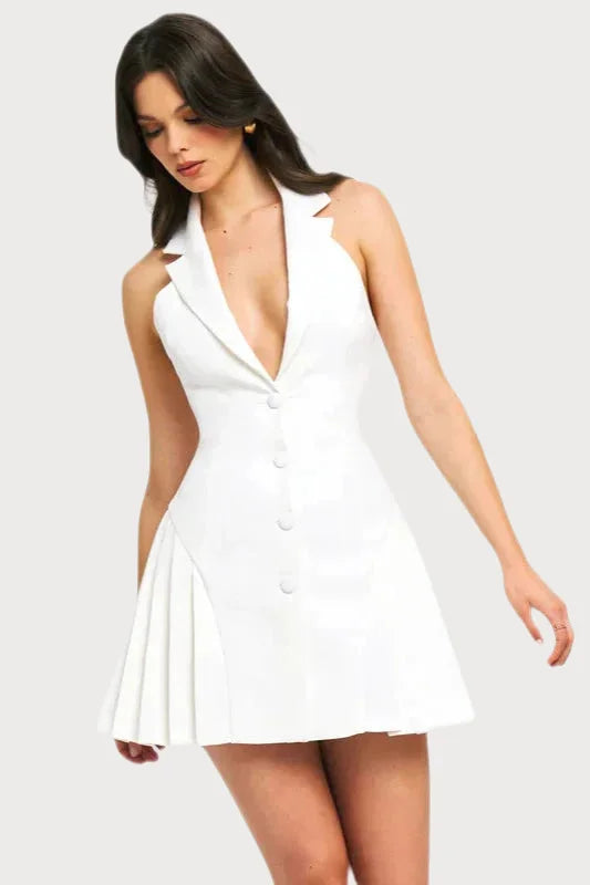 White halter-neck mini dress with a plunging neckline and button details