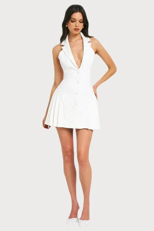 White halter-neck mini dress with a plunging neckline and flared skirt