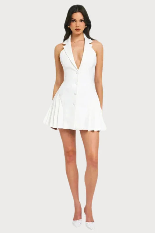 White halter-neck mini dress with a plunging neckline and flared skirt