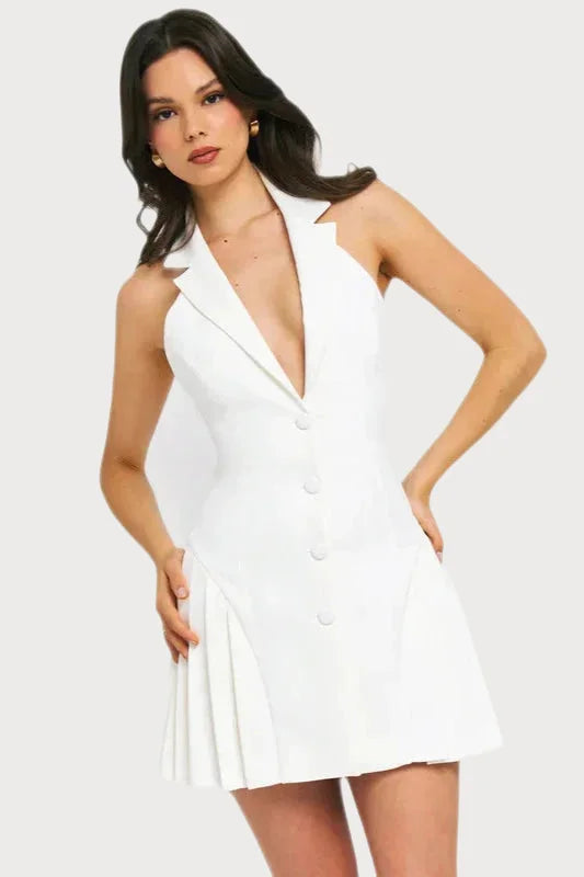 White sleeveless mini dress with a plunging neckline and pleated skirt