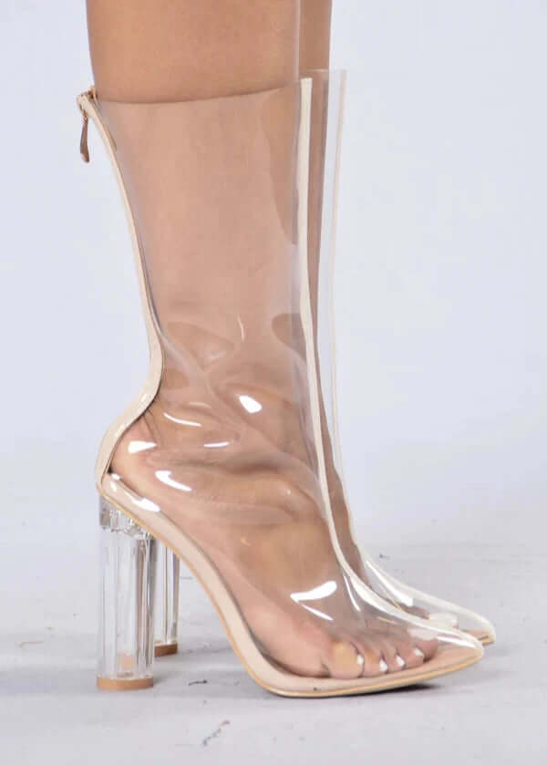 Clear Pointy Toe Block Heel Boots 4"in