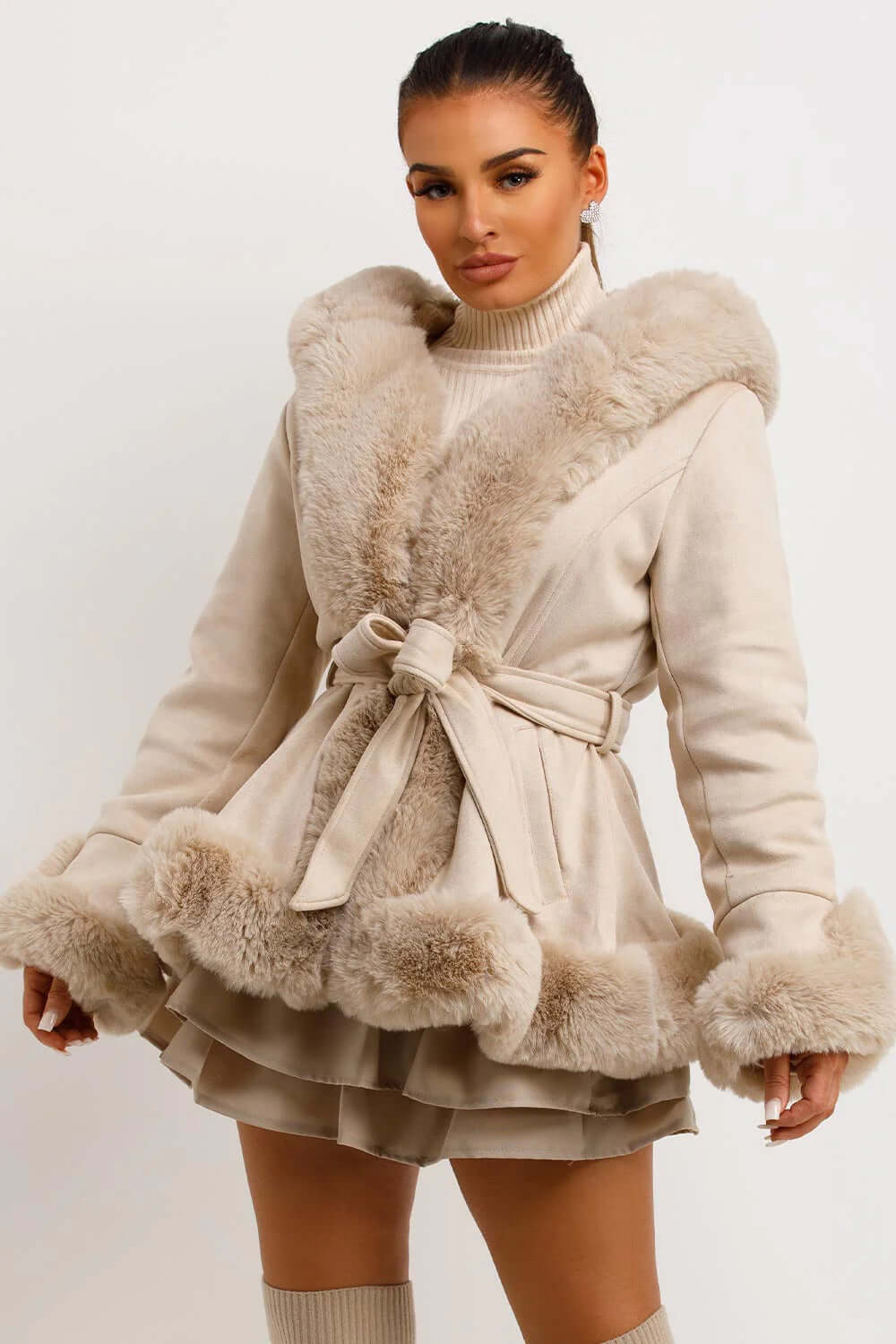 Women's Luxury Short Faux Fur Leather Trench Coat with Belt