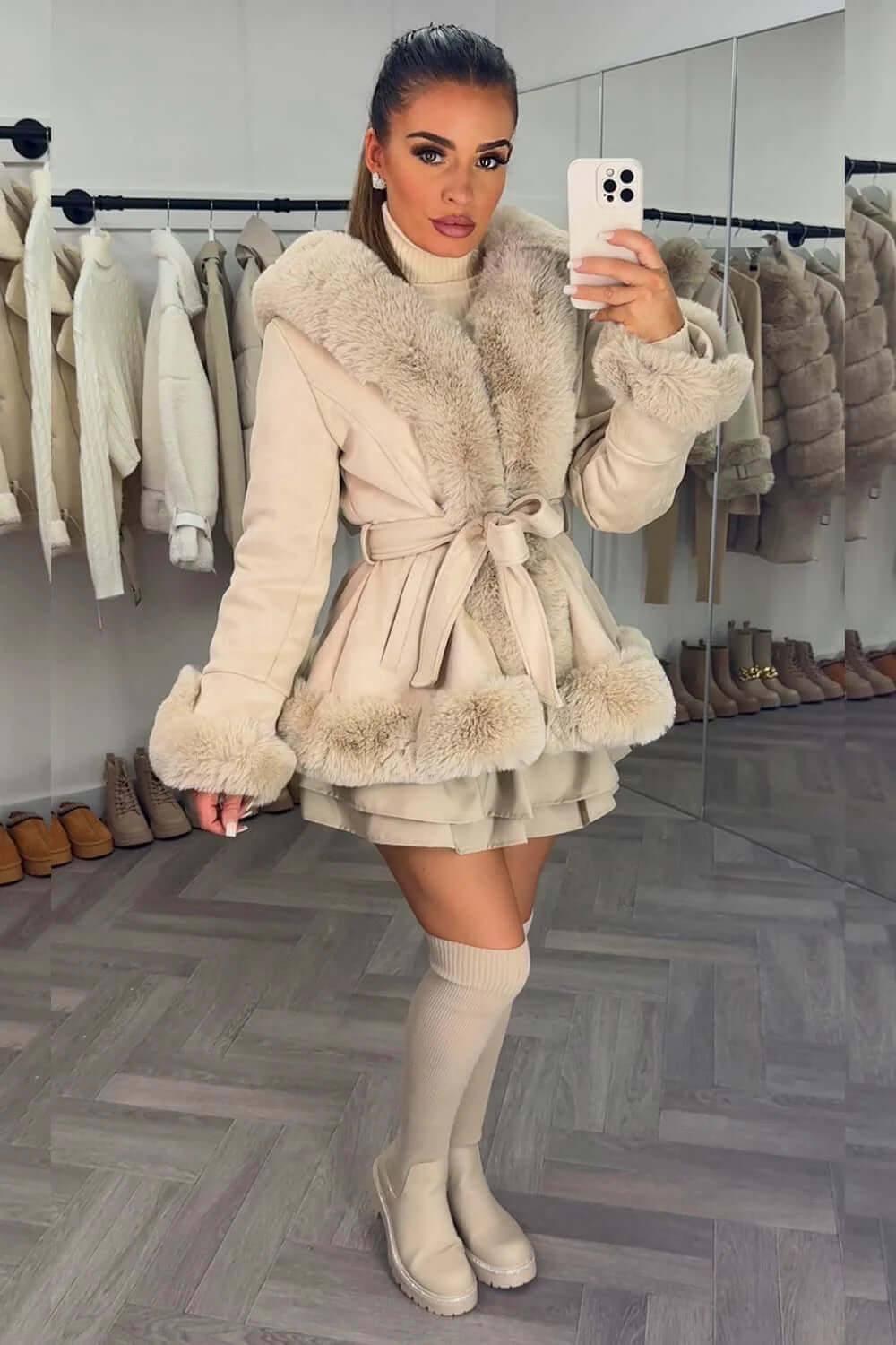 Women's Luxury Short Faux Fur Leather Trench Coat with Belt