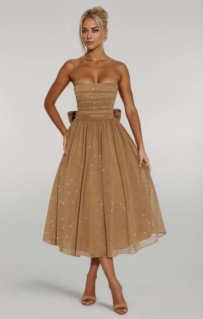 A-Line Strapless Sparkly Midi Dress, Glitter Party Dress