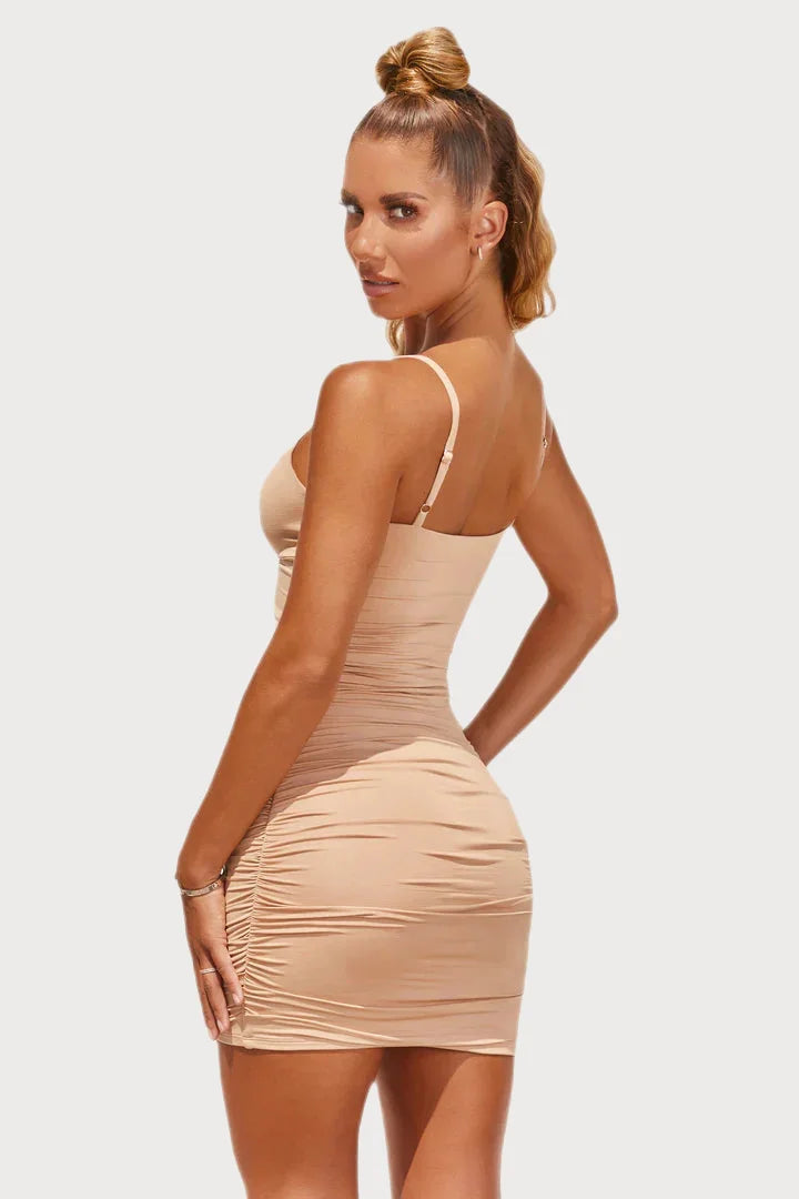 Deep- V Bodycon Ruched Mini Dress, Short Clubbing Dress