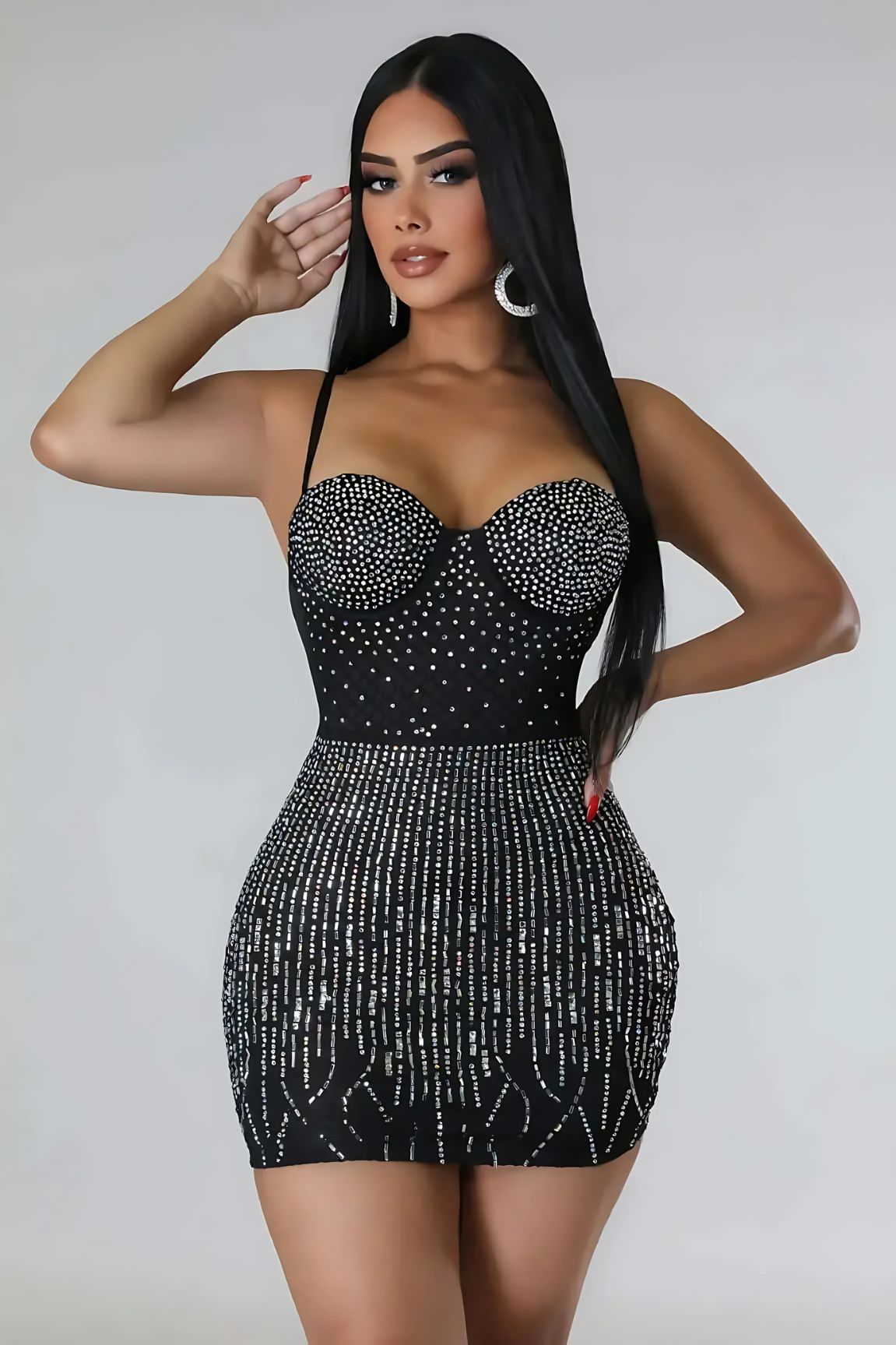 Spaghetti Strap Rhinestone Bodycon Mini Dress, Night Out Club Dress