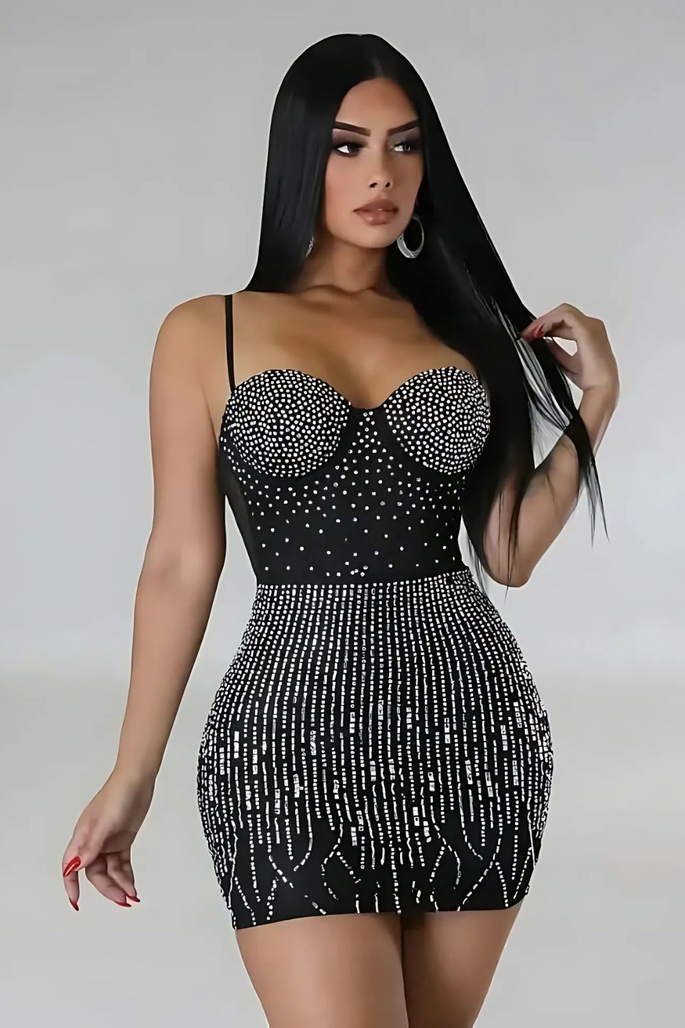 Spaghetti Strap Rhinestone Bodycon Mini Dress, Night Out Club Dress