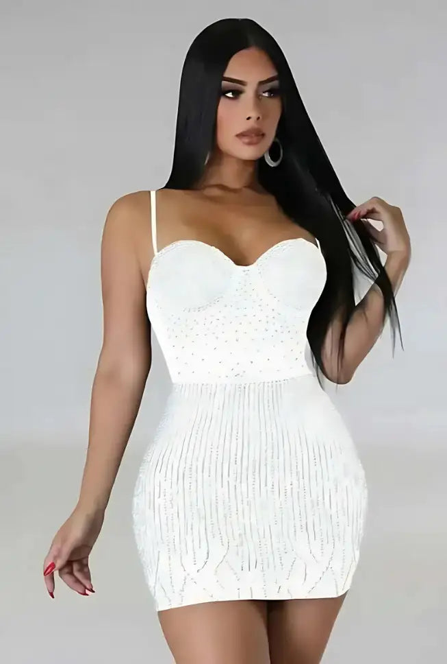 Spaghetti Strap Rhinestone Bodycon Mini Dress, Night Out Club Dress