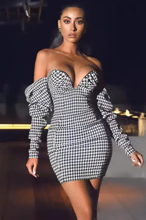  Checkered Puff Sleeve Off Shoulder Mini Dress