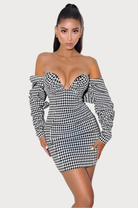  Checkered Puff Sleeve Off Shoulder Mini Dress