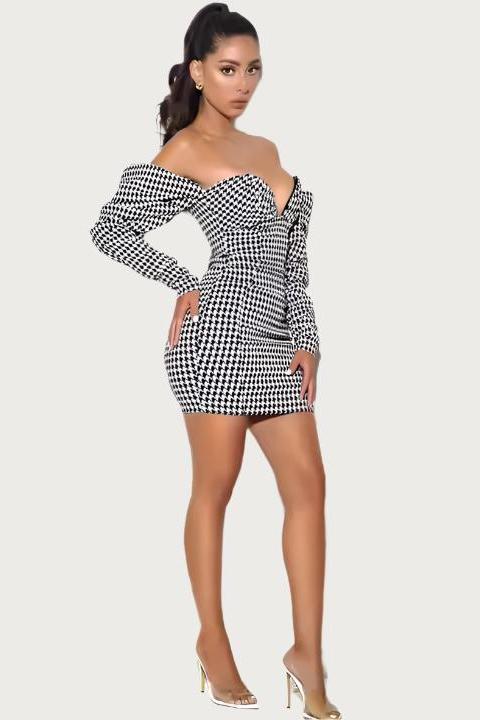  Checkered Puff Sleeve Off Shoulder Mini Dress