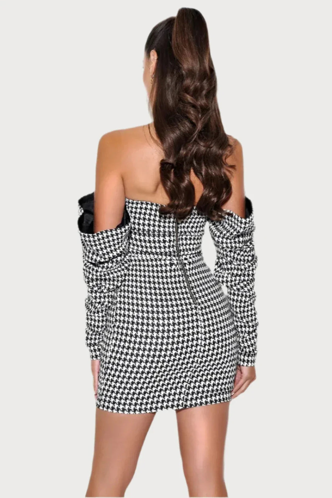  Checkered Puff Sleeve Off Shoulder Mini Dress