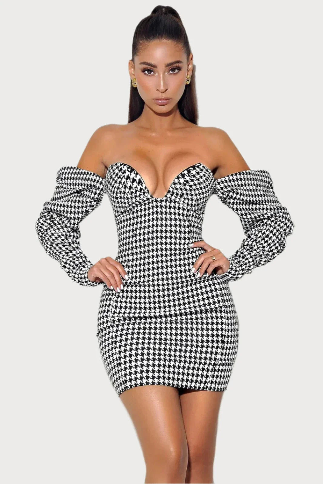  Checkered Puff Sleeve Off Shoulder Mini Dress