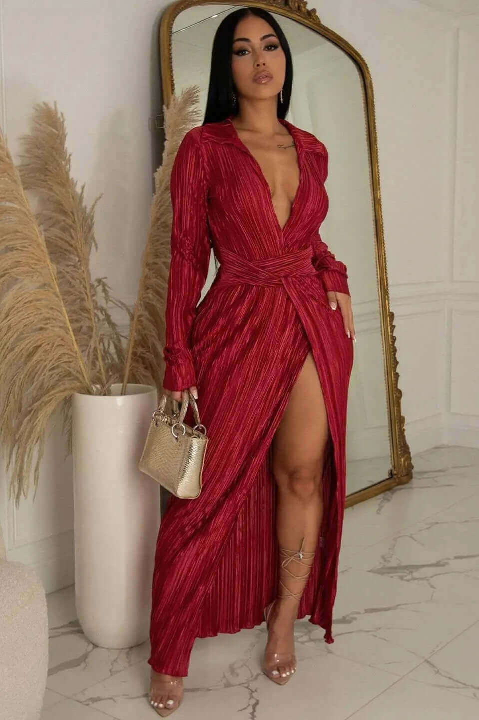 Long Sleeve Deep V Plisse Wrap Maxi Dress