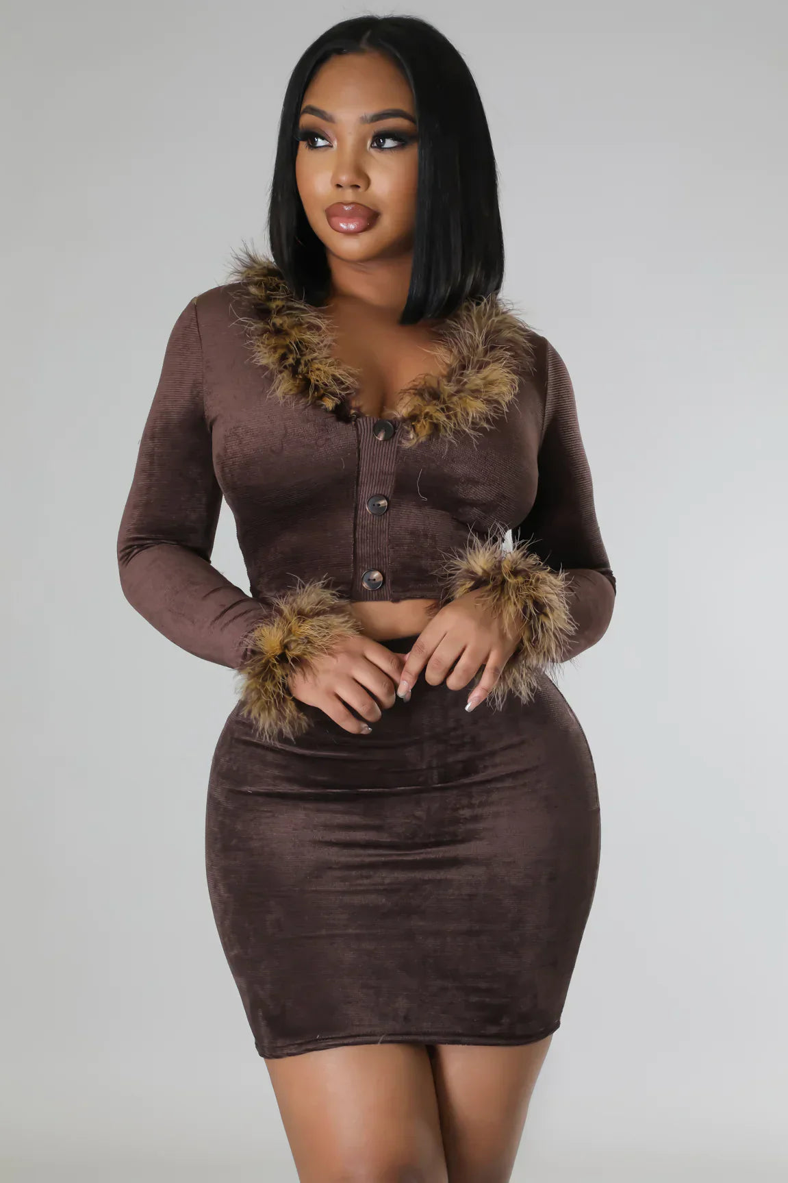 Faux Feather Two Piece Skirt Set, Long Sleeve Crop Top & Mini Skirt