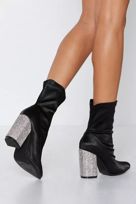 Pointy Toe Glitter Chunky Heel Sock Ankle Boots