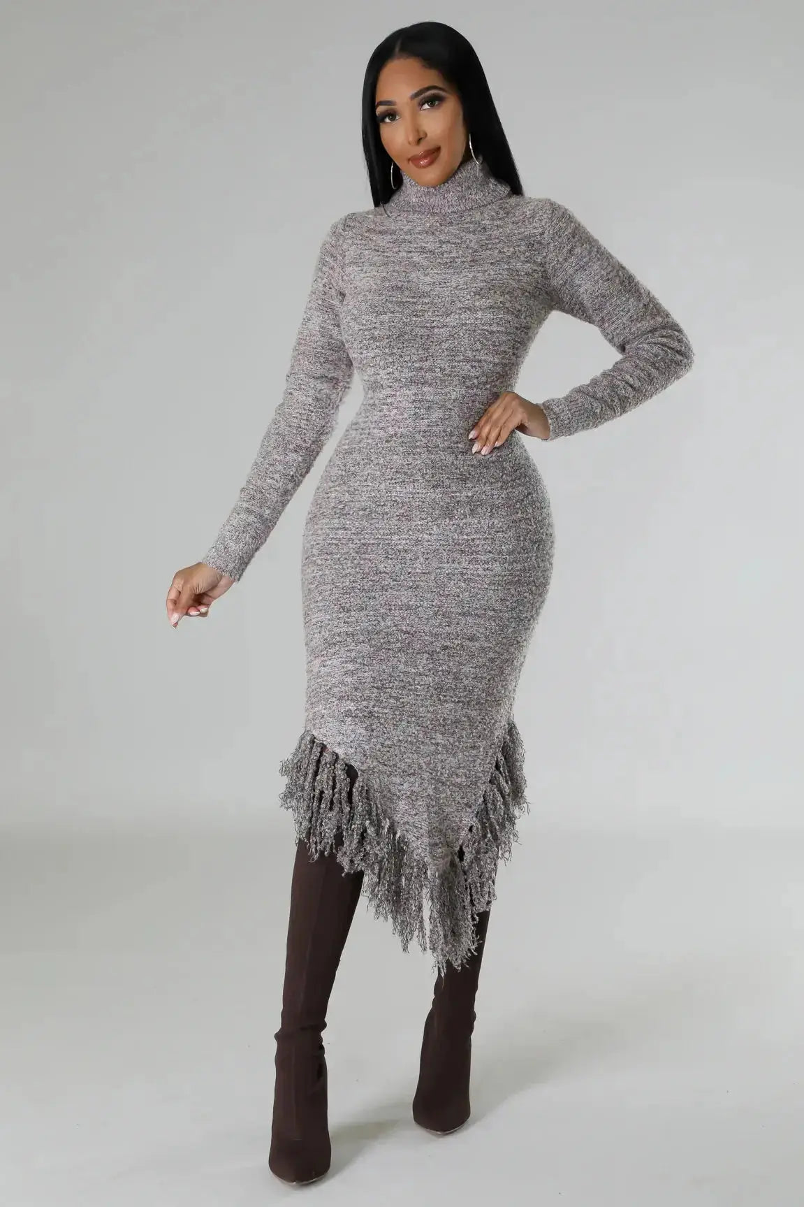 High Neck Asymmetrical Fringe Sweater Dress