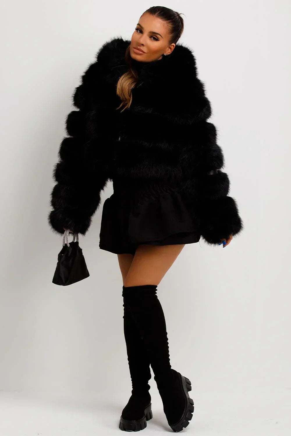 Zip Up Thick Plush Hooded Cropped Faux Fur Coat