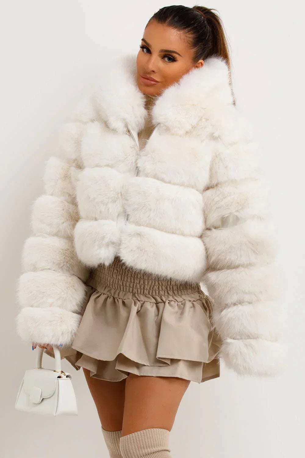 Zip Up Thick Plush Hooded Cropped Faux Fur Coat