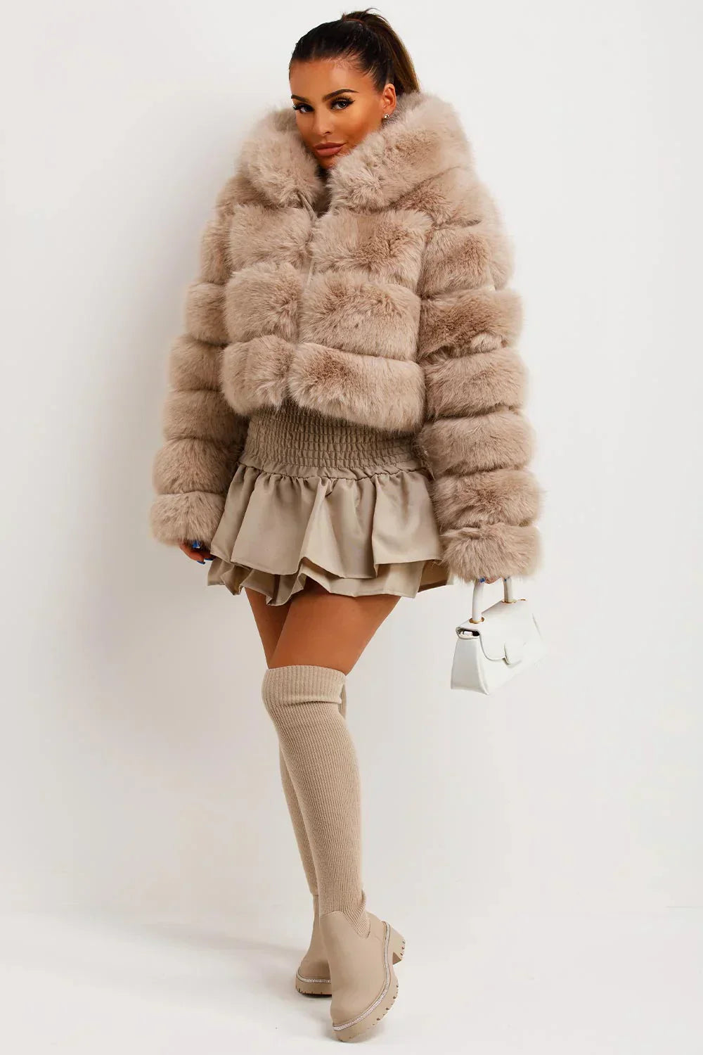 Zip Up Thick Plush Hooded Cropped Faux Fur Coat