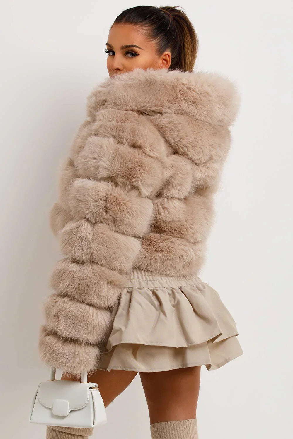 Zip Up Thick Plush Hooded Cropped Faux Fur Coat