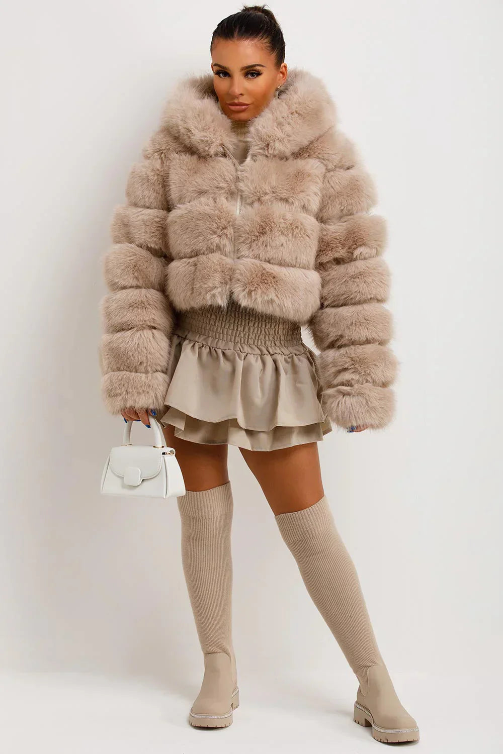 Zip Up Thick Plush Hooded Cropped Faux Fur Coat