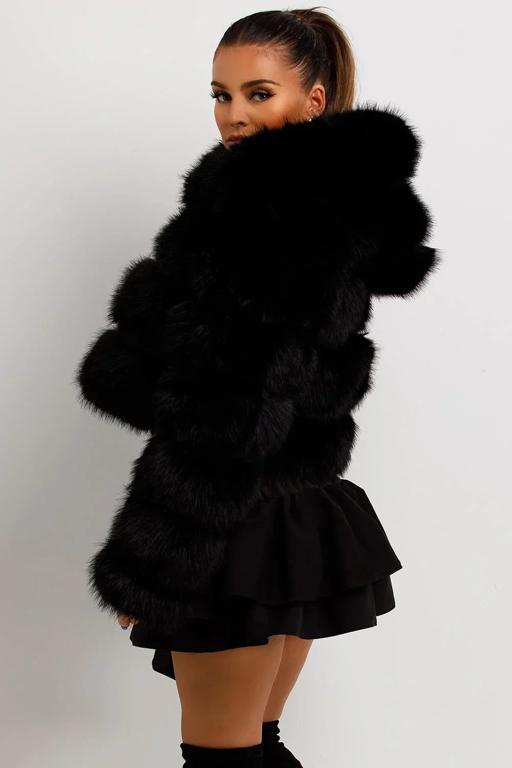 Zip Up Thick Plush Hooded Cropped Faux Fur Coat