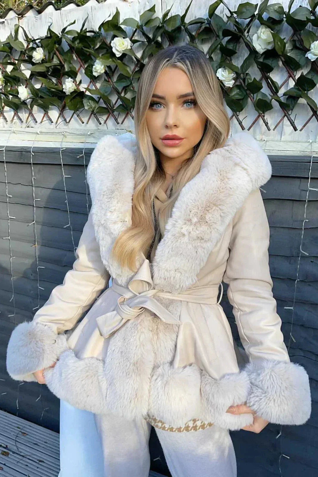 Faux Fur Trim Hooded Leather Belted Trench Jacket