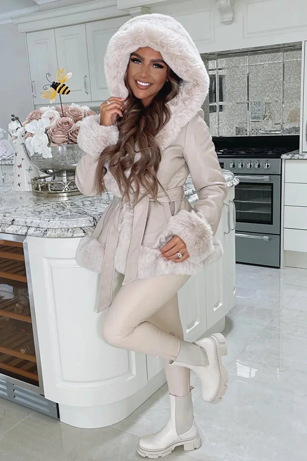 Faux Fur Trim Hooded Leather Belted Trench Jacket