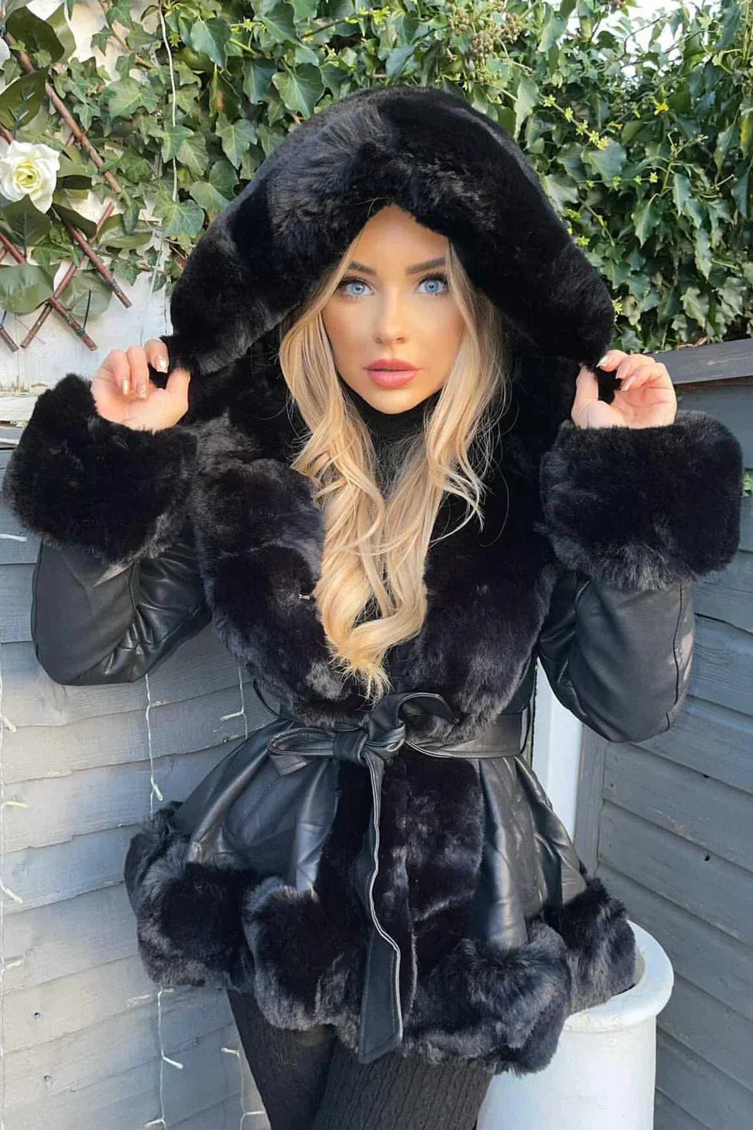 Faux Fur Trim Hooded Leather Belted Trench Jacket