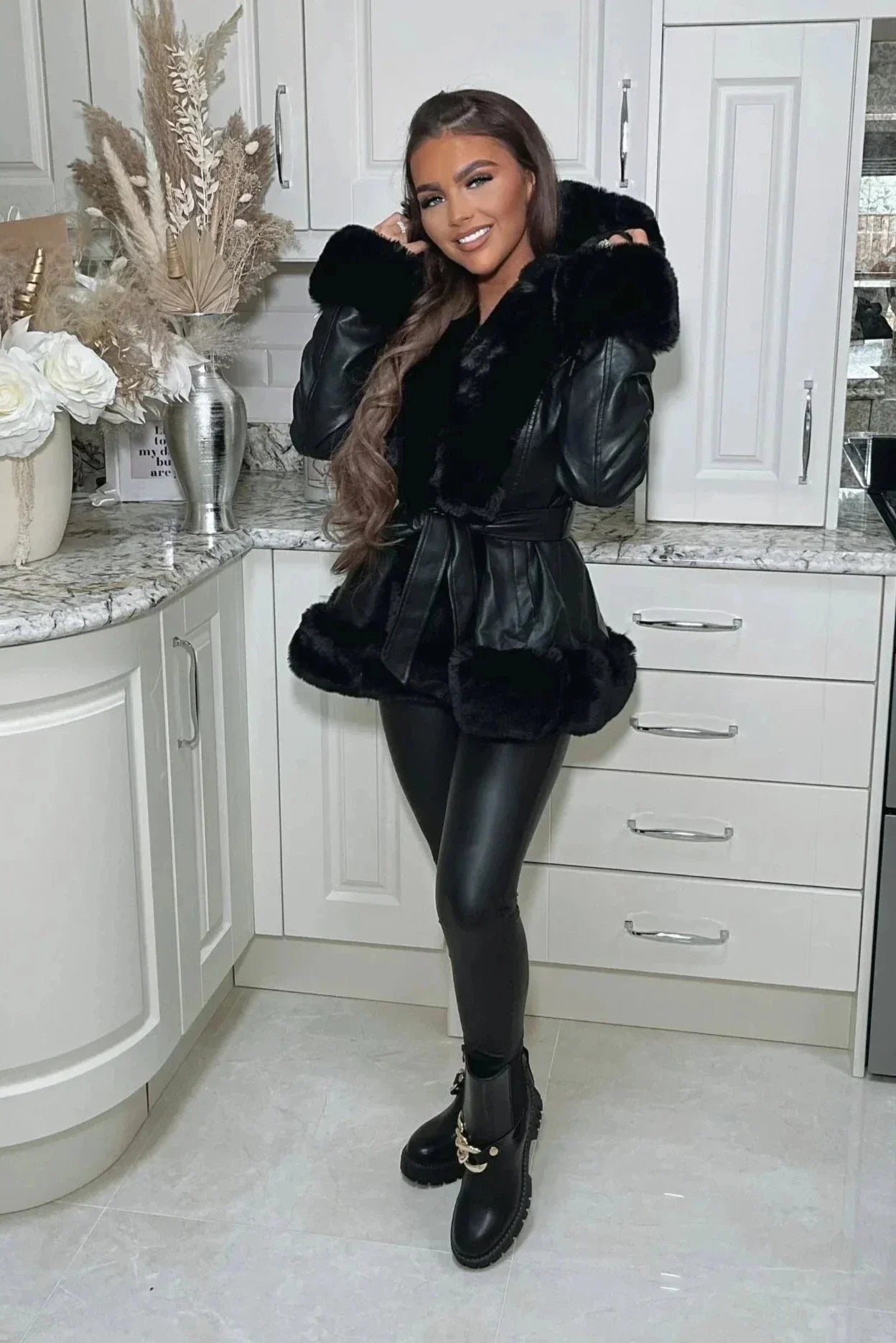 Faux Fur Trim Hooded Leather Belted Trench Jacket