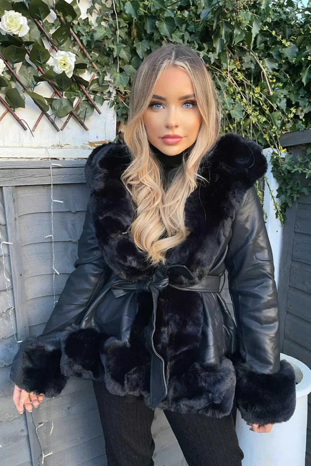 Faux Fur Trim Hooded Leather Belted Trench Jacket