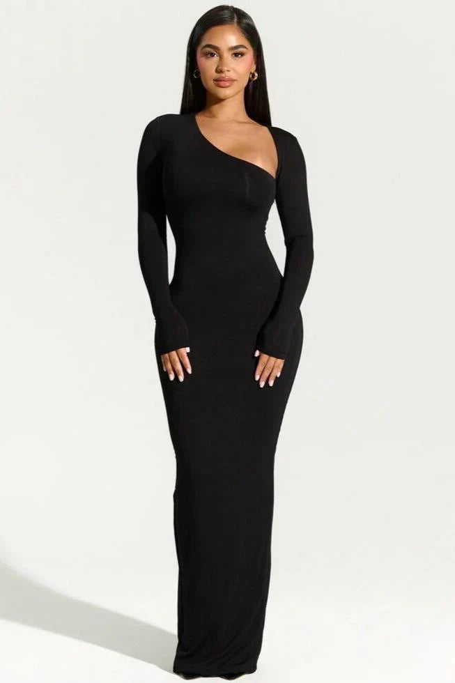 Long Sleeve Asymetical Bodycon Maxi Dress w/ Back Split