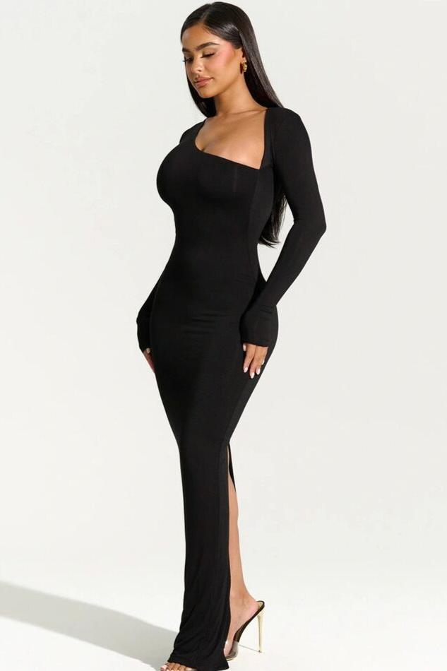 Long Sleeve Asymetical Bodycon Maxi Dress w/ Back Split