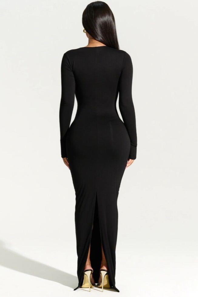 Long Sleeve Asymetical Bodycon Maxi Dress w/ Back Split