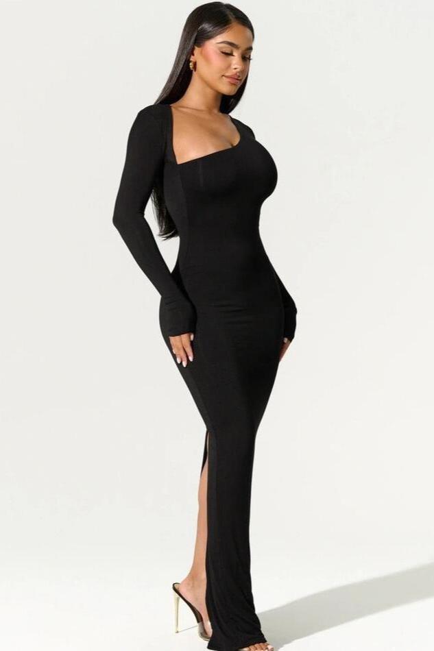 Long Sleeve Asymetical Bodycon Maxi Dress w/ Back Split