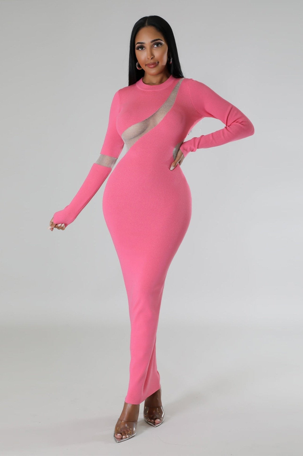 Long Sleeve Cutout Mesh Bodycon Maxi Dress